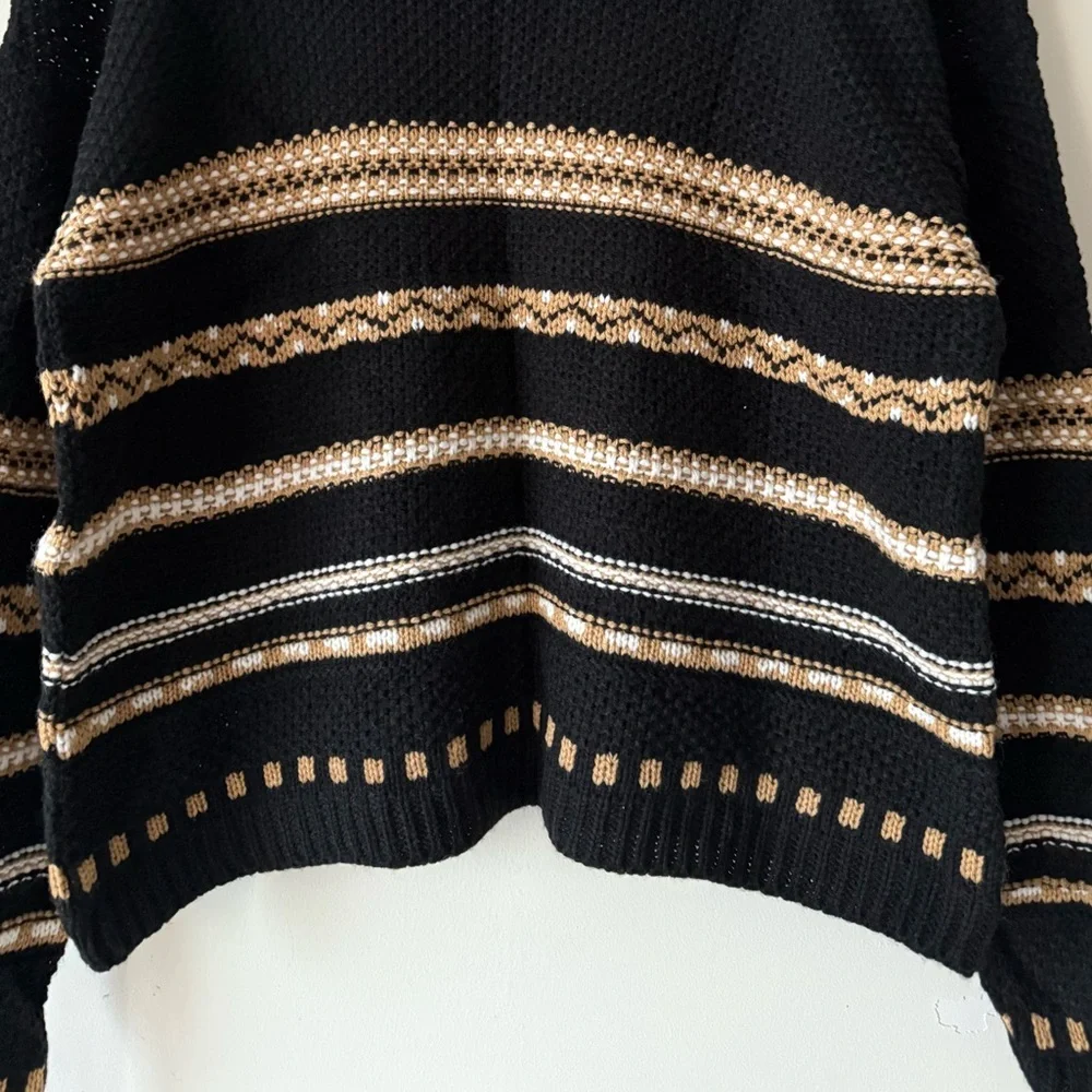 Vintage 90s Y2K Black Tan Striped Turtleneck Sweater Made in the USA Size Large